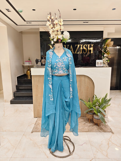 Blue Multi-Work Indo Western Drape Set