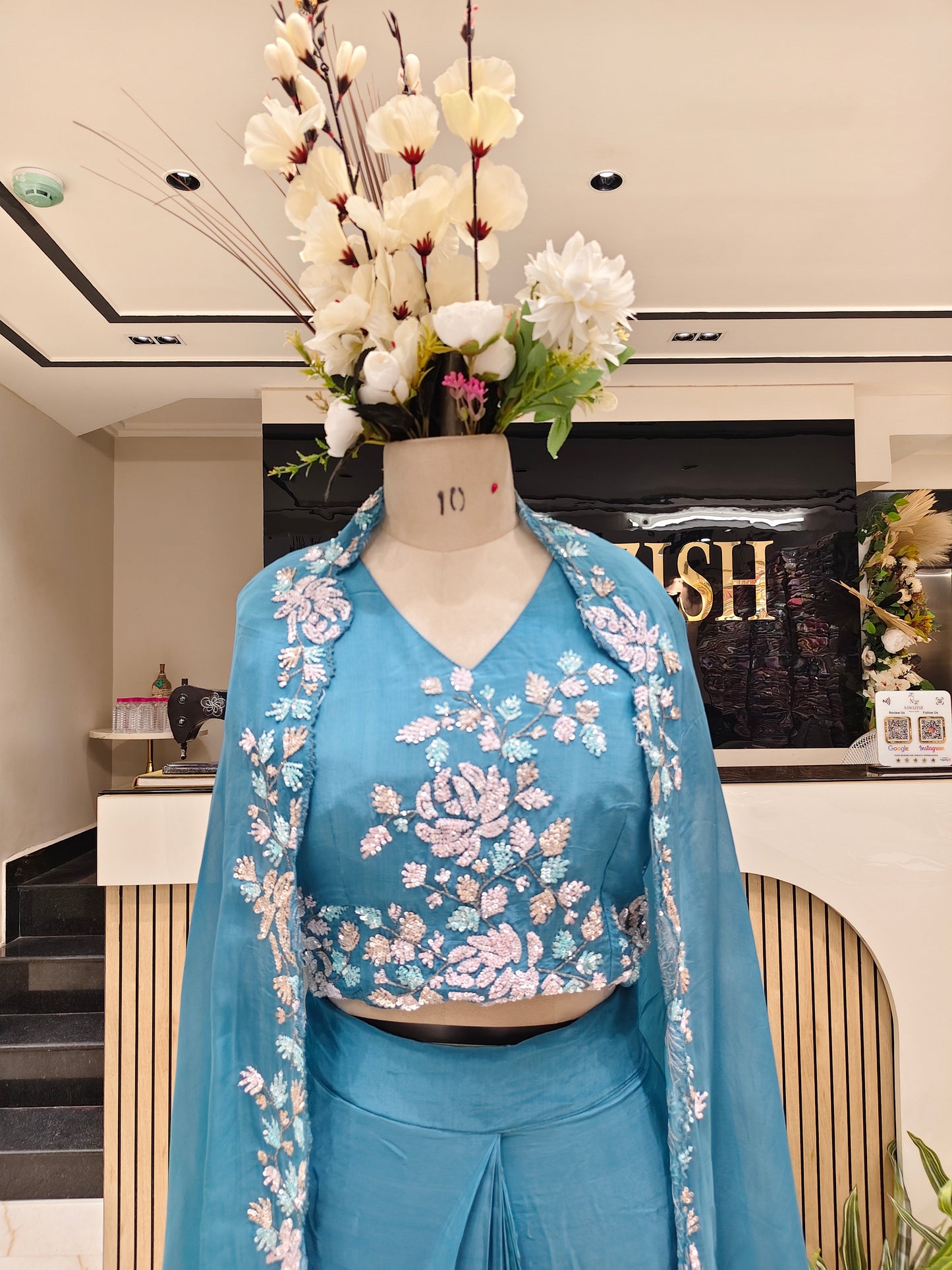 Blue Multi-Work Indo Western Drape Set