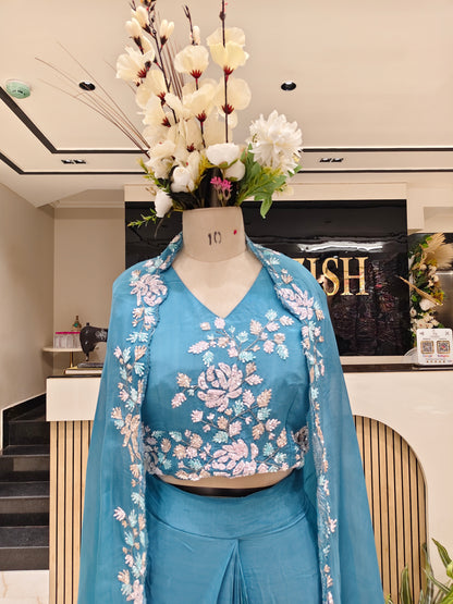 Blue Multi-Work Indo Western Drape Set