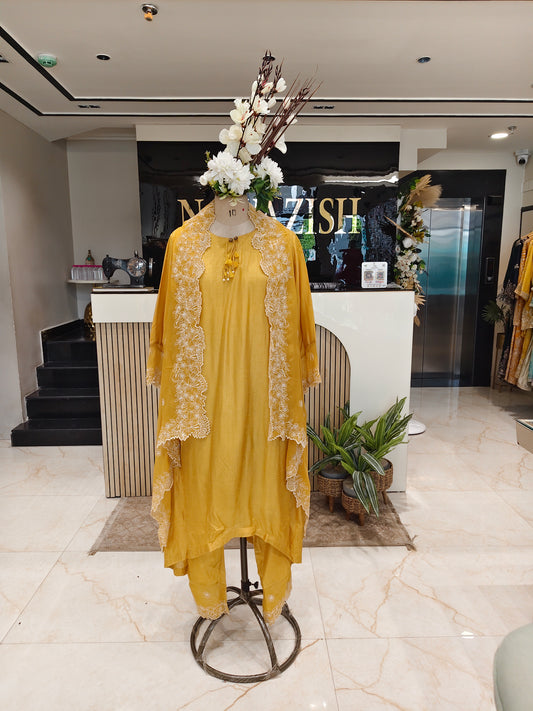 Mustard Silk Indo-Western Kurta Set