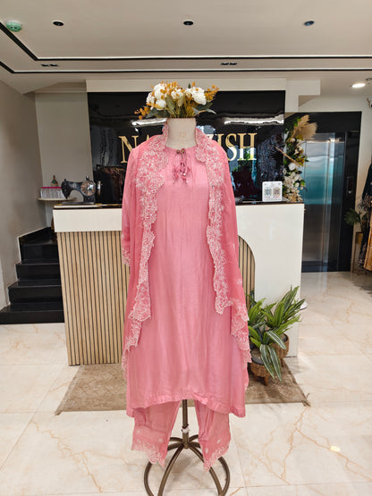 Pink Resham Sequins Indo Western Kurta Set
