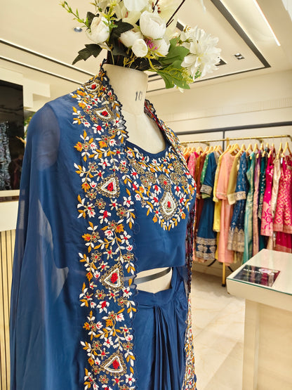 Royal Blue Handworked Drape Skirt Set