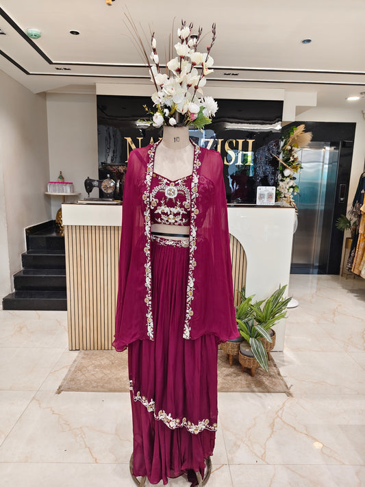 Wine Handworked Indo-Western Palazzo Set