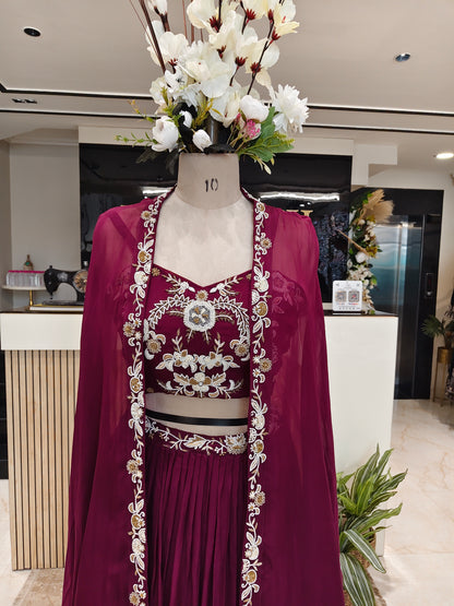 Wine Handworked Indo-Western Palazzo Set