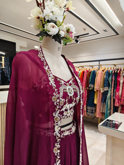 Wine Handworked Indo-Western Palazzo Set