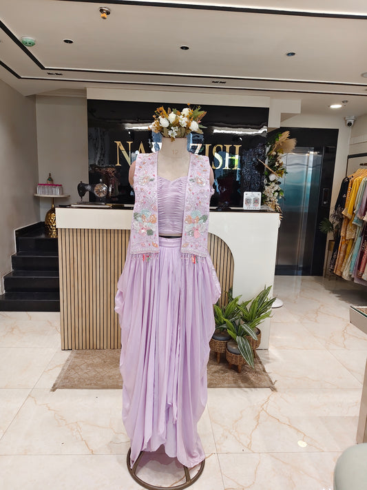 Lavender Handworked Indo-Western Drape Skirt Set