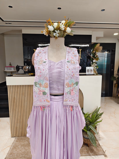 Lavender Handworked Indo-Western Drape Skirt Set