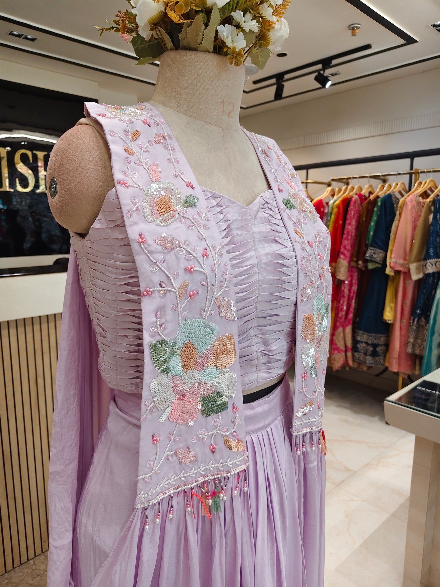 Lavender Handworked Indo-Western Drape Skirt Set