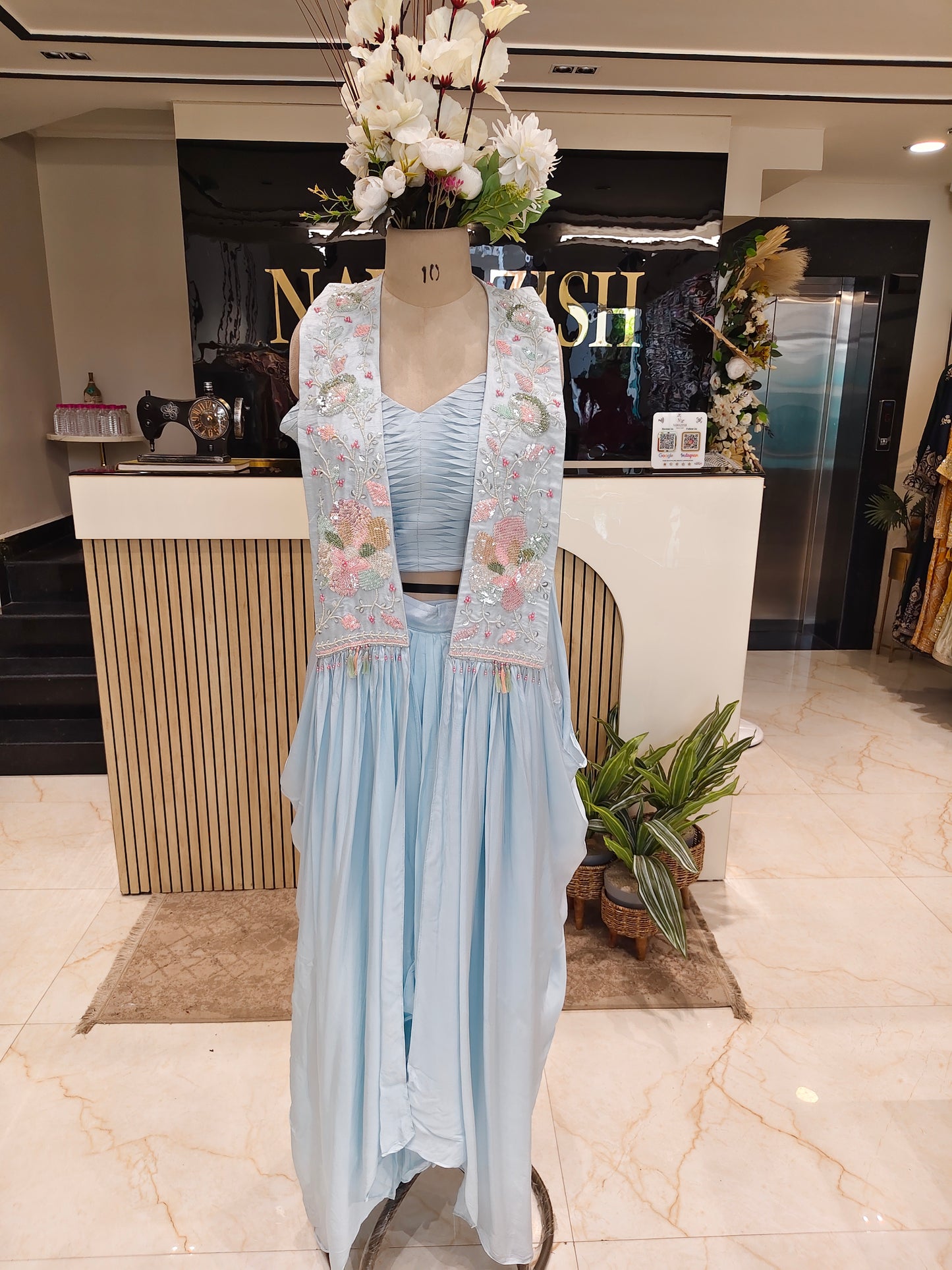 Sky Blue Handworked Drape Skirt Set