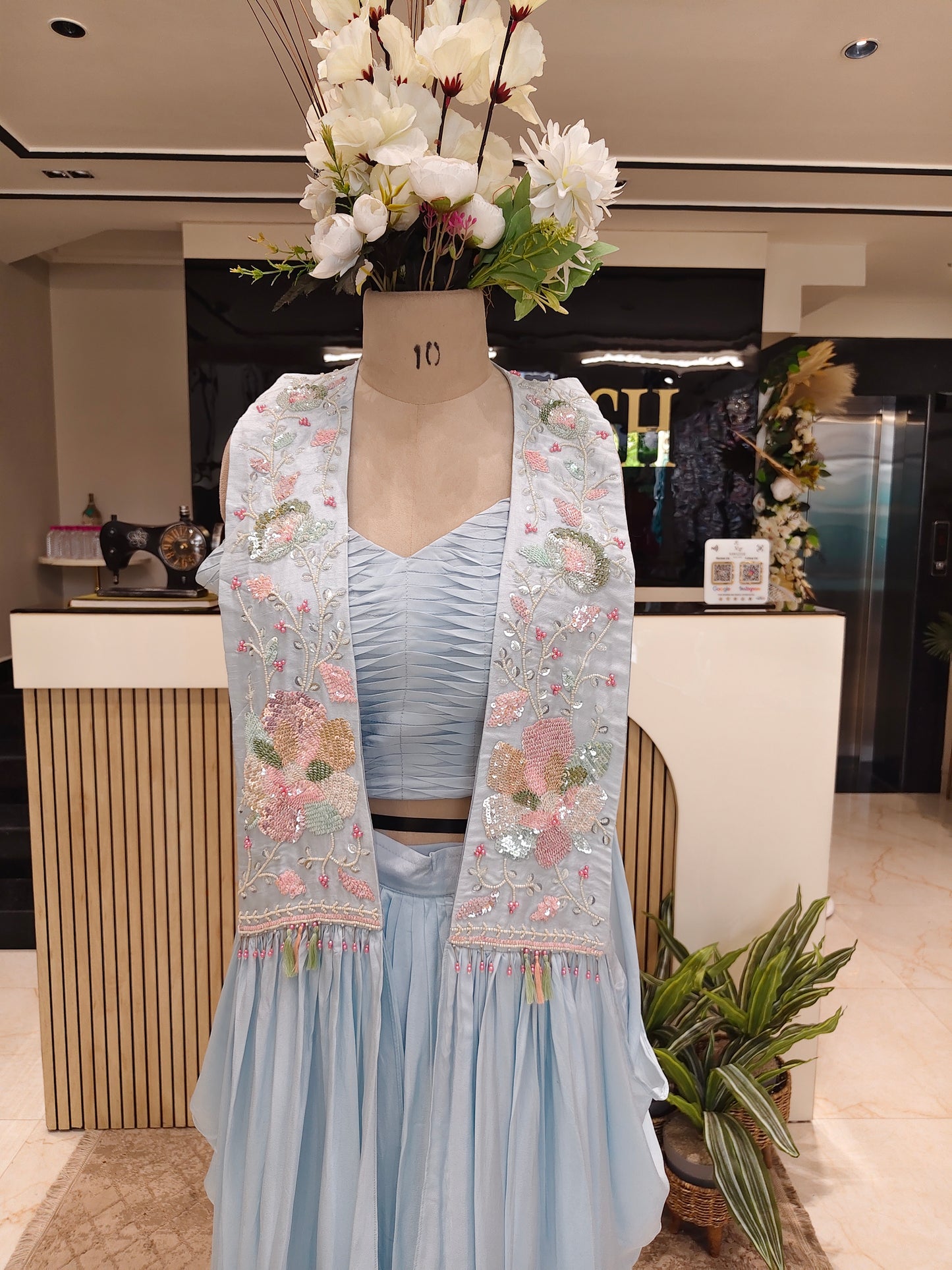Sky Blue Handworked Drape Skirt Set