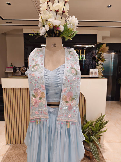 Sky Blue Handworked Drape Skirt Set