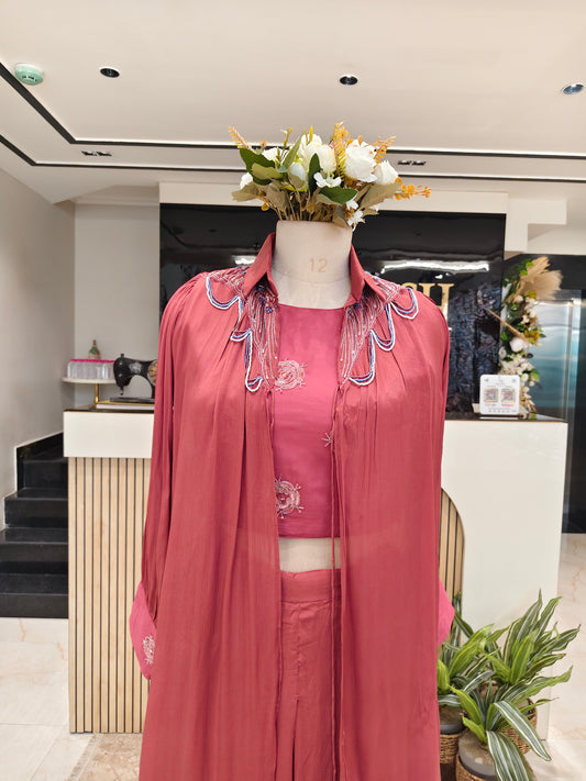 Onion Pink Handworked Blazer Palazzo Set