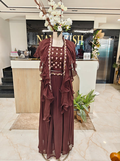 Wine Ruffle Dupatta Palazzo Set