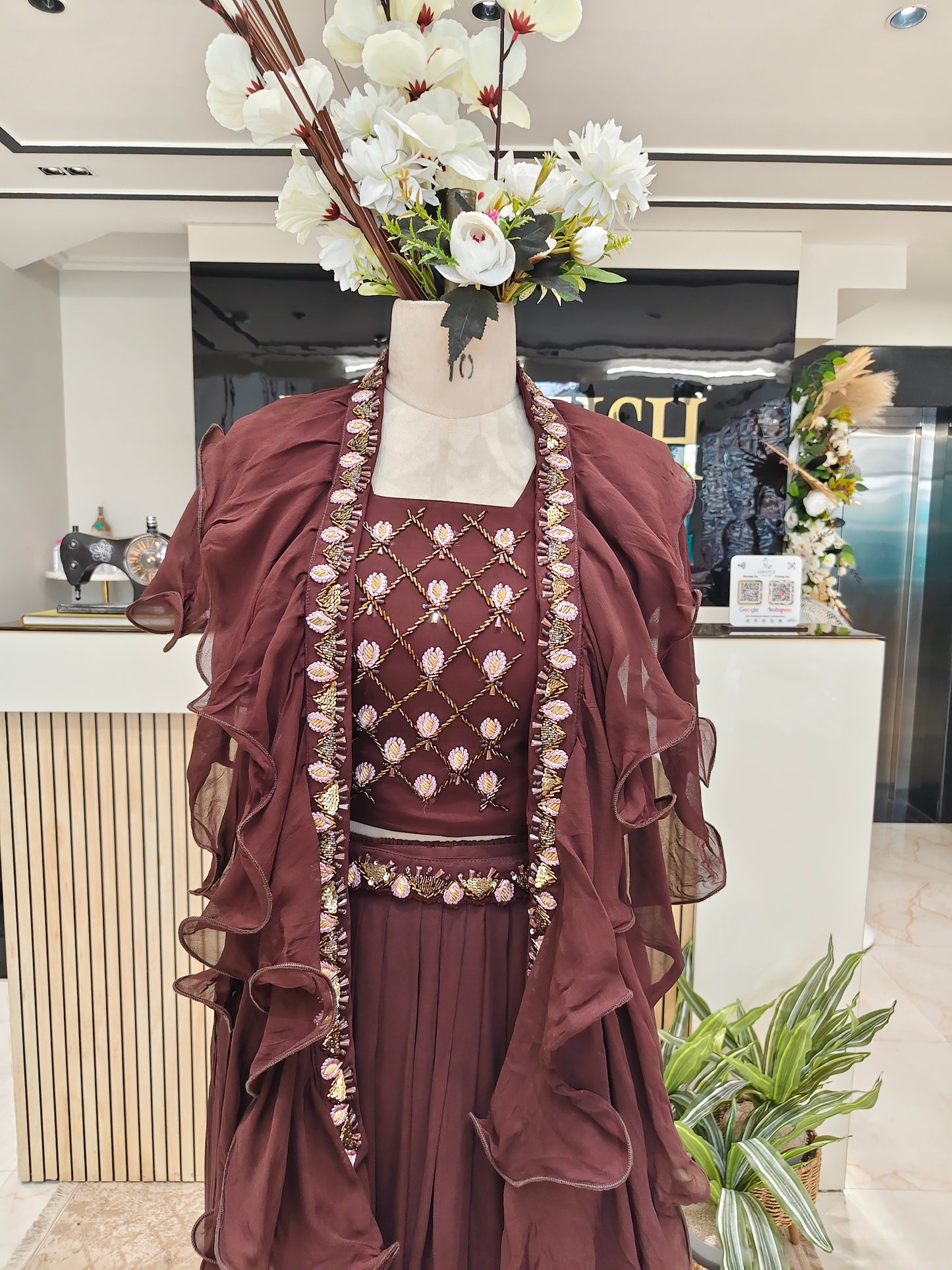 Wine Ruffle Dupatta Palazzo Set