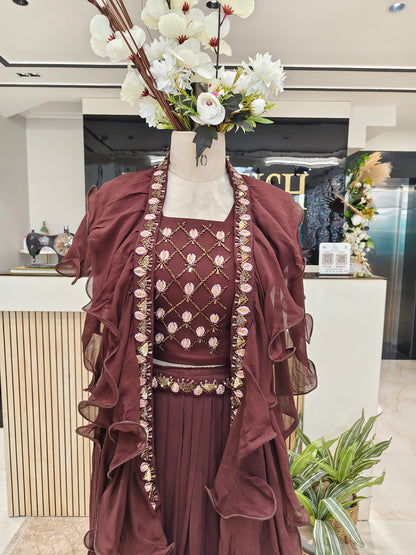 Wine Ruffle Dupatta Palazzo Set