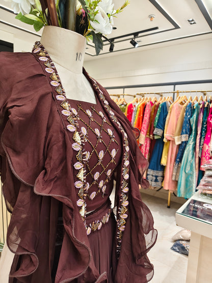 Wine Ruffle Dupatta Palazzo Set