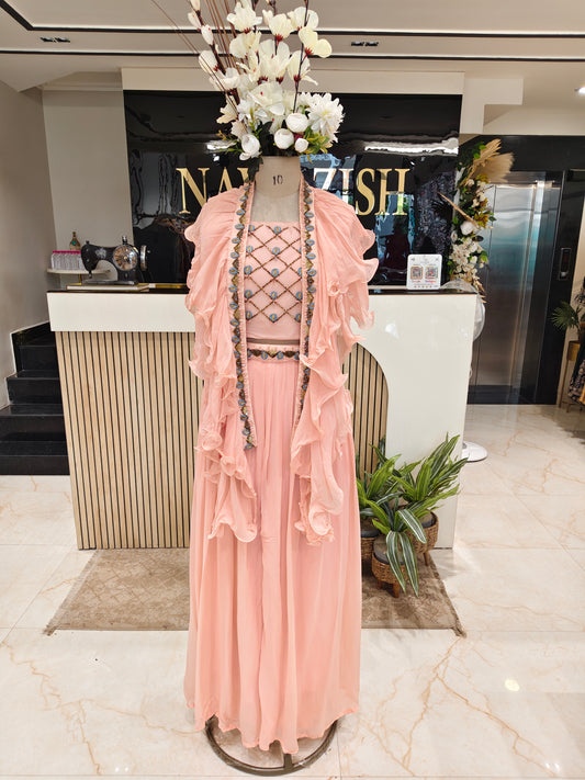 Peach Ruffle Dupatta Palazzo Set