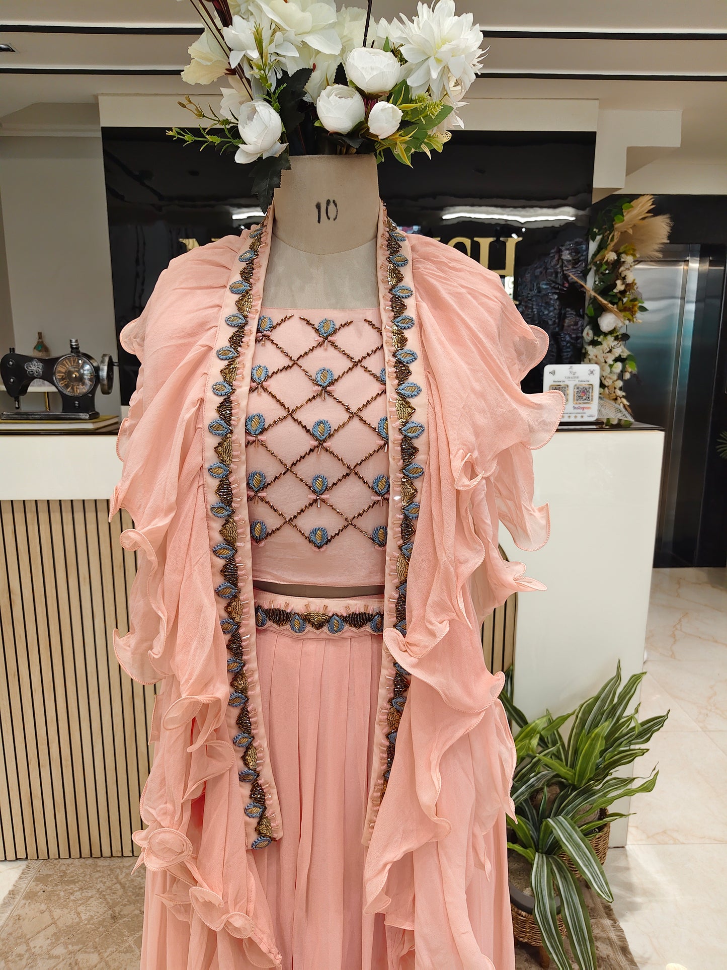 Peach Ruffle Dupatta Palazzo Set