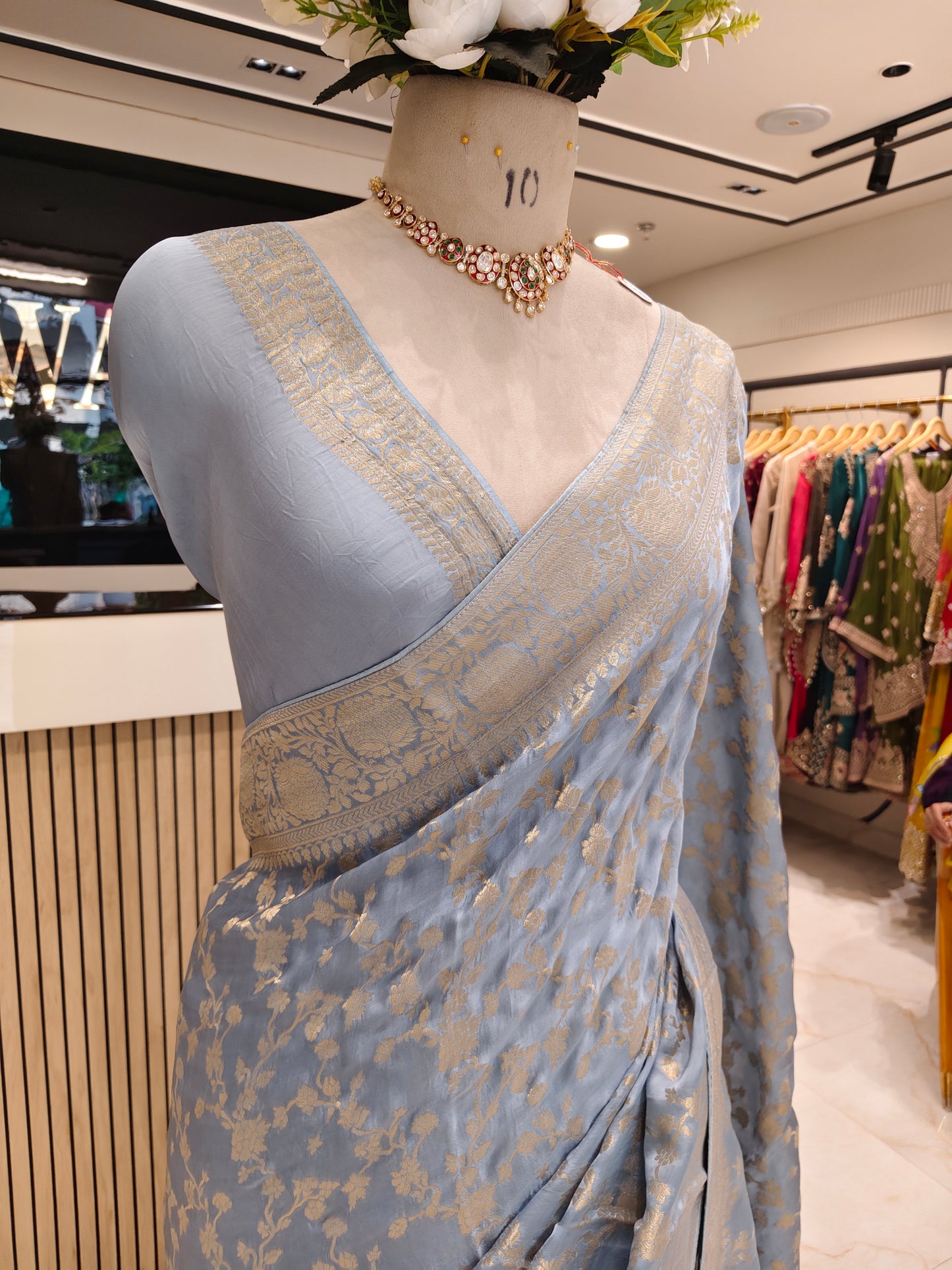 Sky Blue Zari work Crepe Saree