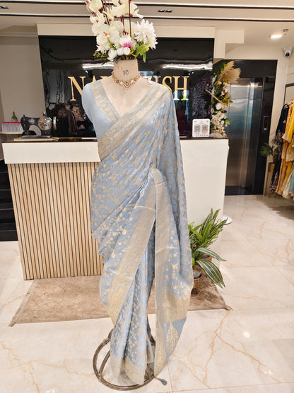 Sky Blue Zari work Crepe Saree