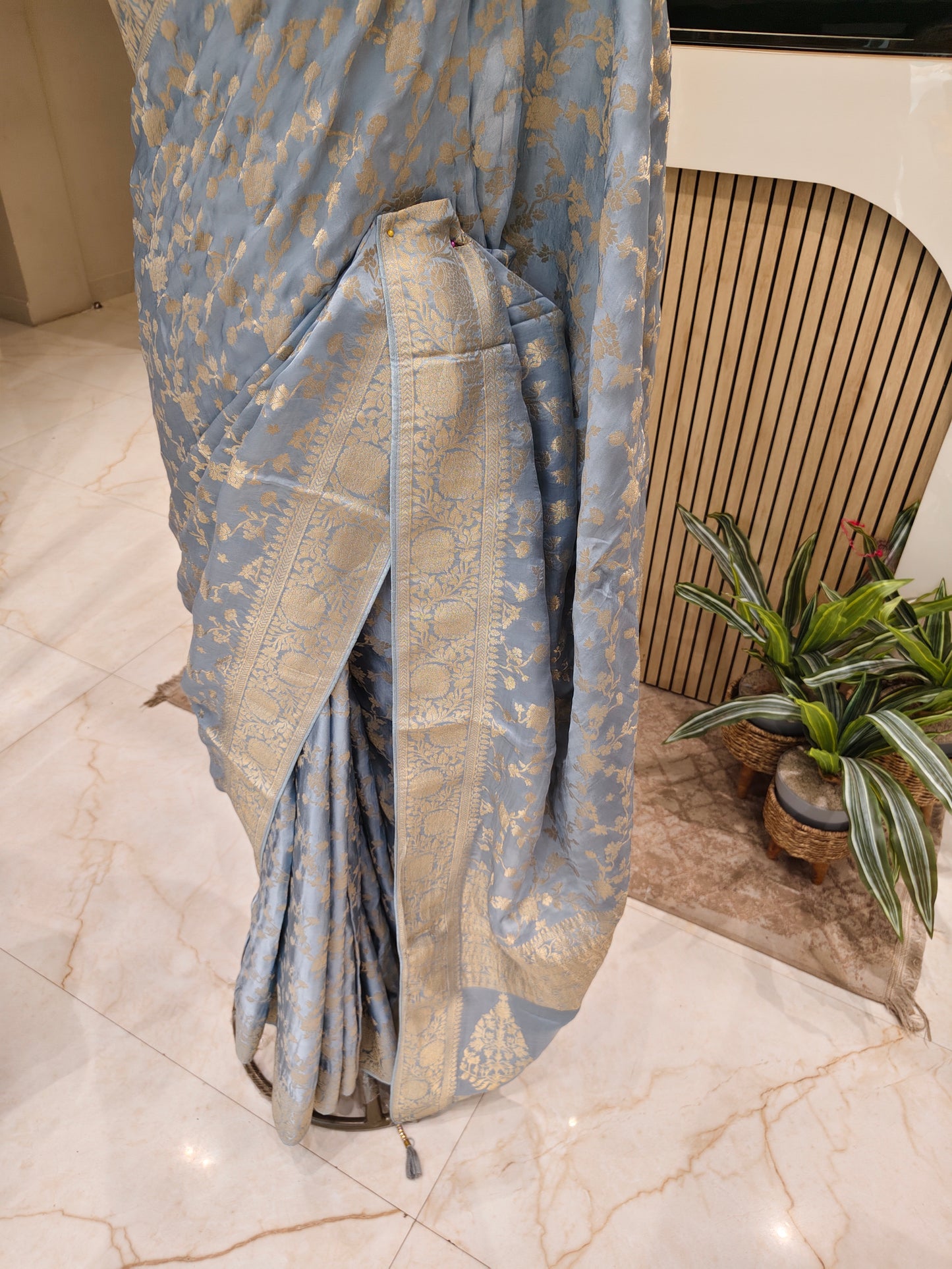 Sky Blue Zari work Crepe Saree