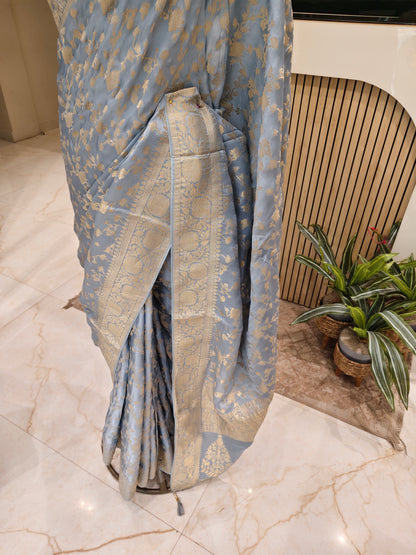 Sky Blue Zari work Crepe Saree