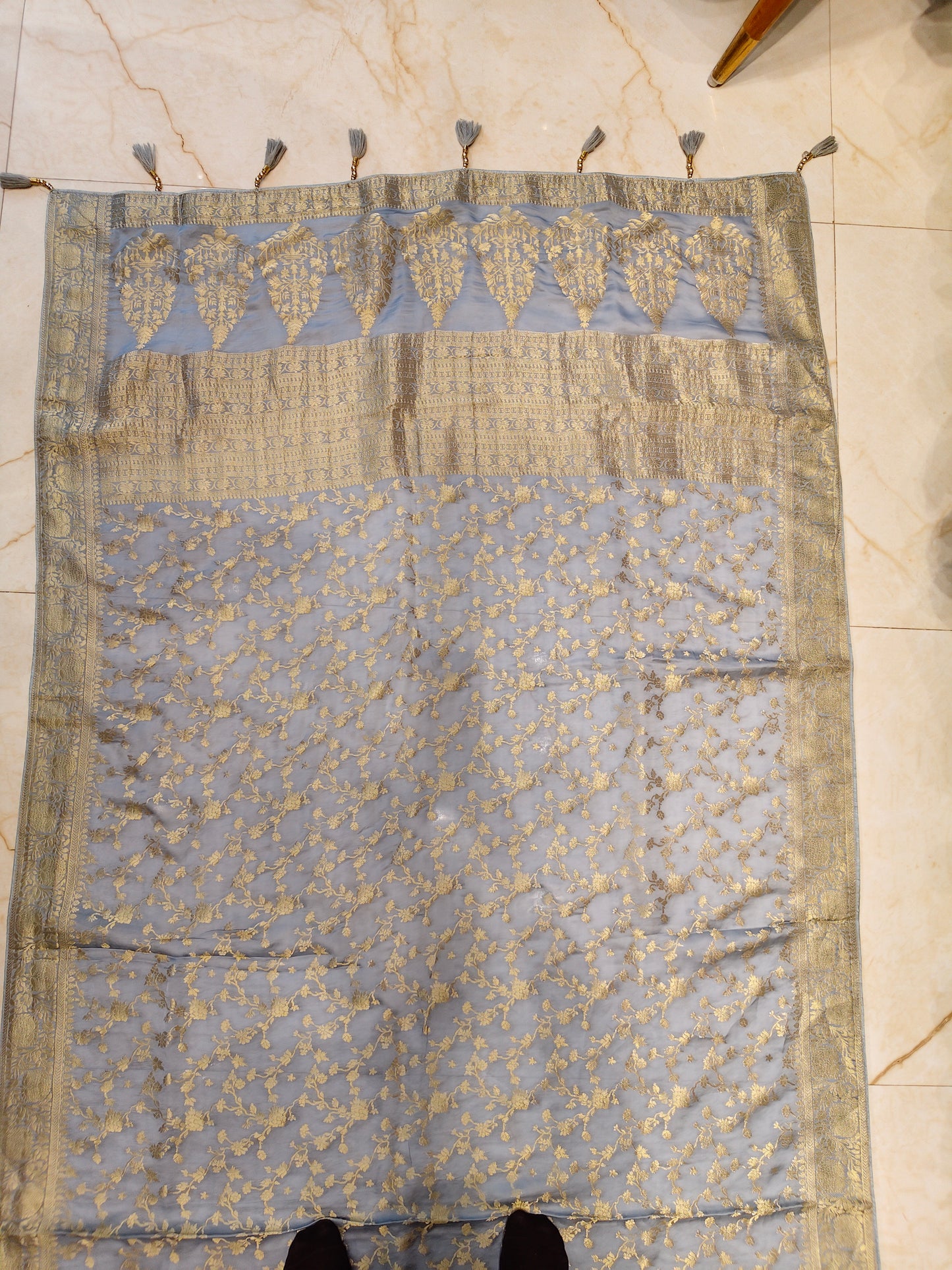 Sky Blue Zari work Crepe Saree