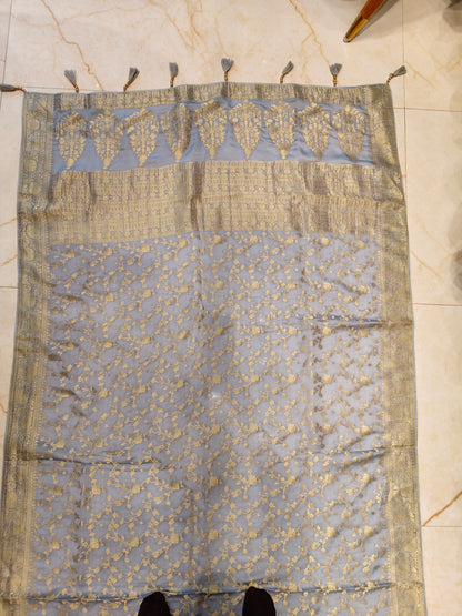 Sky Blue Zari work Crepe Saree