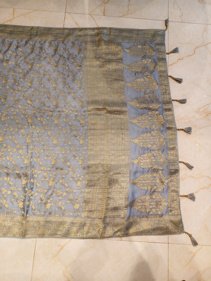 Sky Blue Zari work Crepe Saree