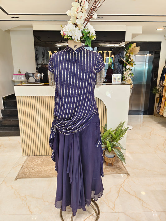 Navy Blue Embellished Gown with Skirt