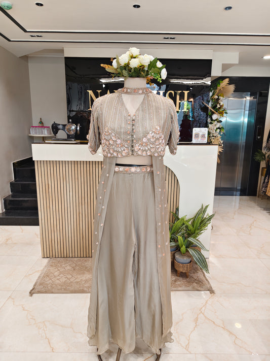 Beige Long Shrug Palazzo Set