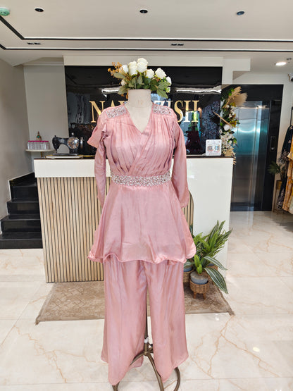 Onion Pink Handworked Silk Indo-Western Frock Set