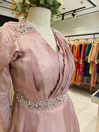 Onion Pink Handworked Silk Indo-Western Frock Set