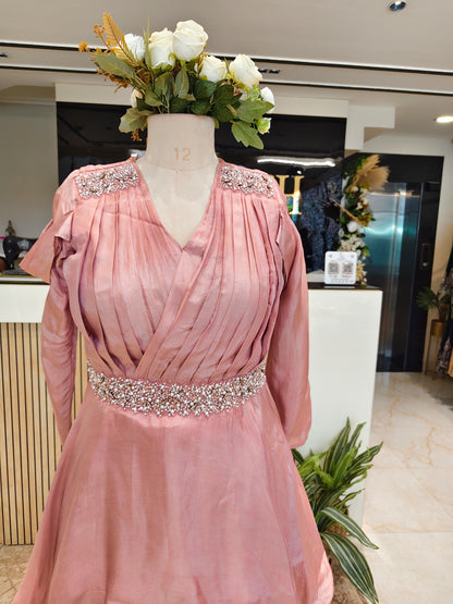 Onion Pink Handworked Silk Indo-Western Frock Set