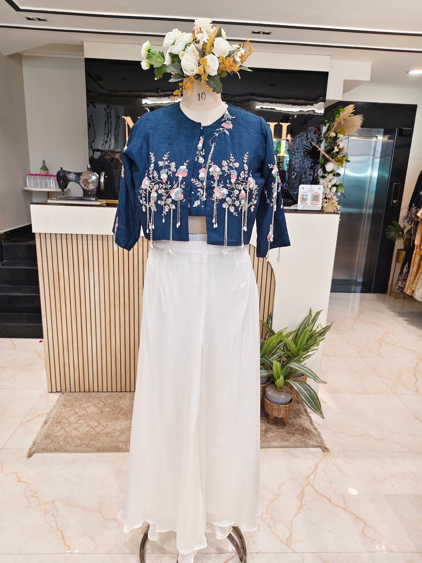 Blue Handworked Blazer Palazzo Set