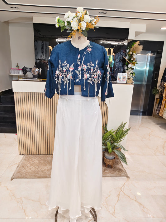 Blue Handworked Blazer Palazzo Set