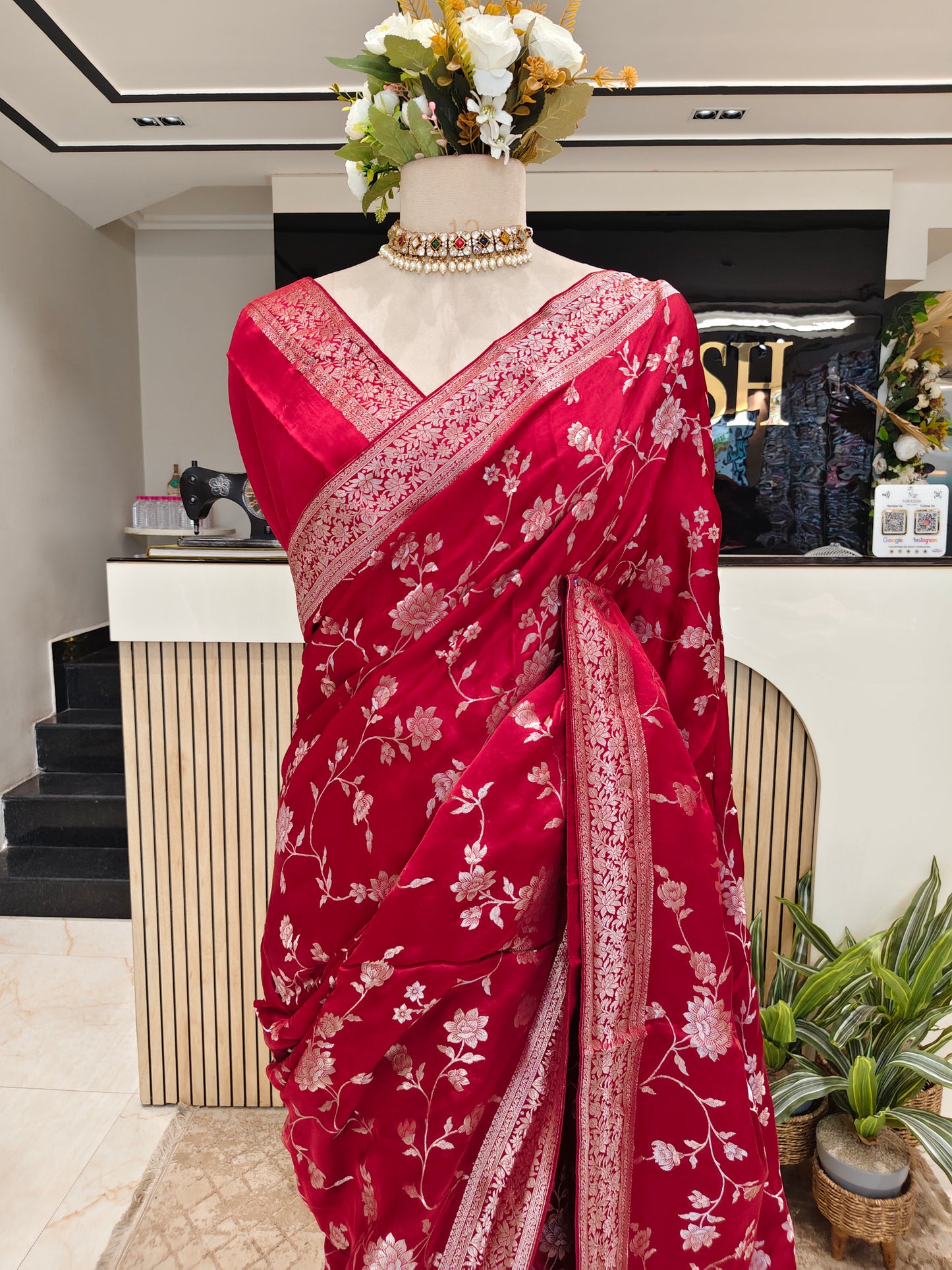 Maroon Satin Silver Work Saree