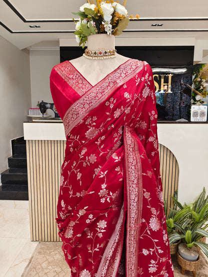 Maroon Satin Silver Work Saree