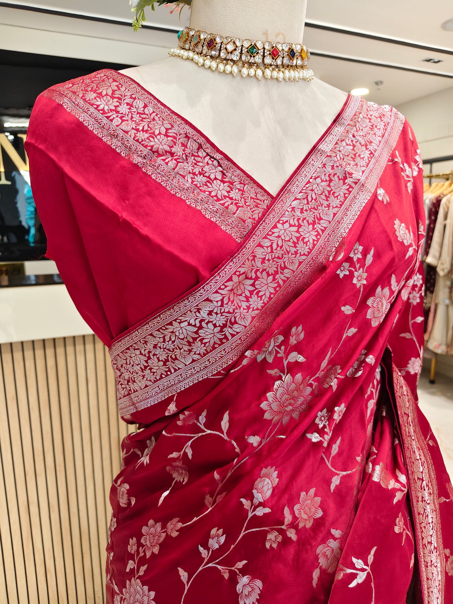 Maroon Satin Silver Work Saree
