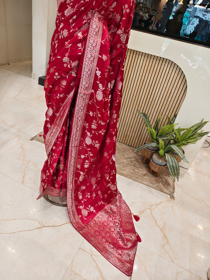 Maroon Satin Silver Work Saree