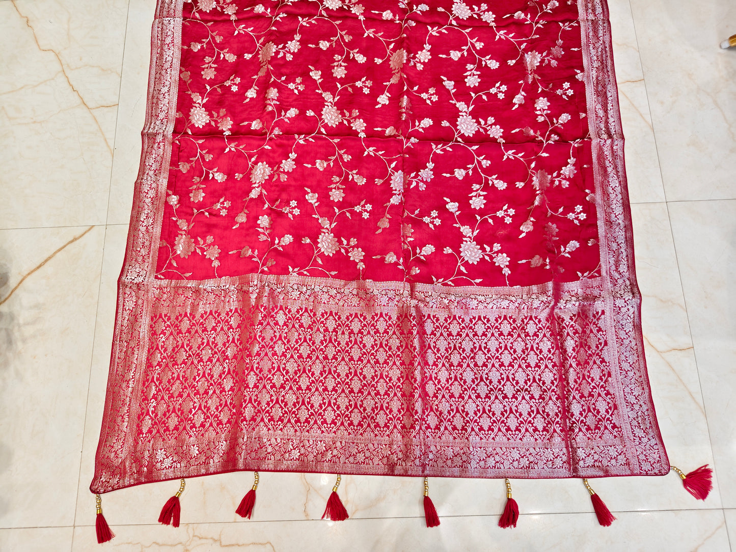 Maroon Satin Silver Work Saree