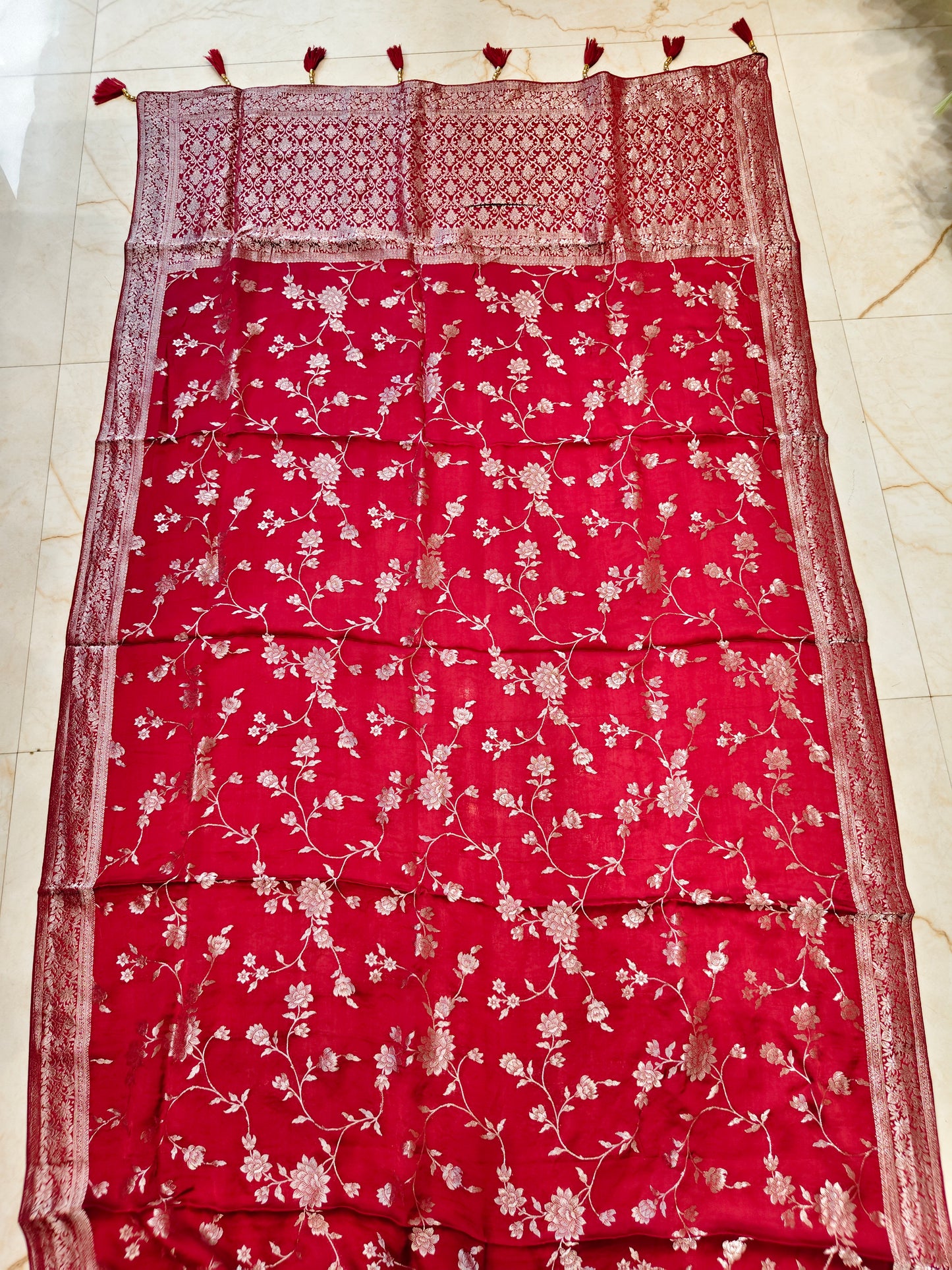 Maroon Satin Silver Work Saree