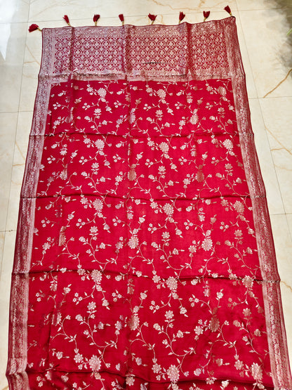 Maroon Satin Silver Work Saree