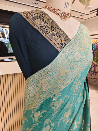 Blue & Sea Green Dola Silk Saree