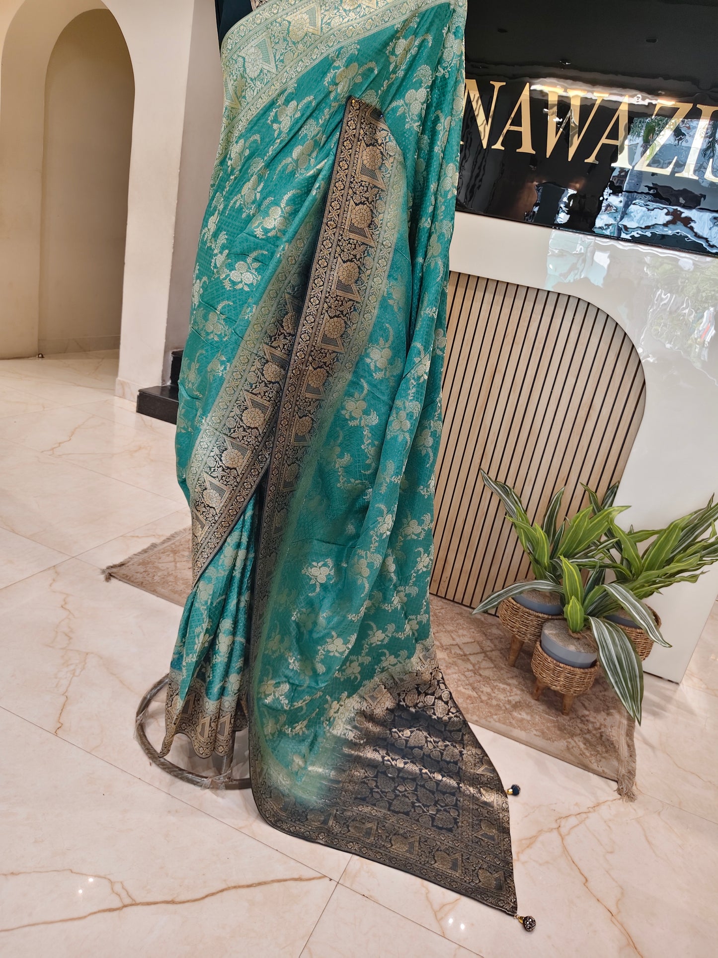 Blue & Sea Green Dola Silk Saree