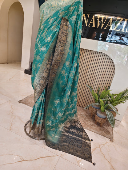 Blue & Sea Green Dola Silk Saree