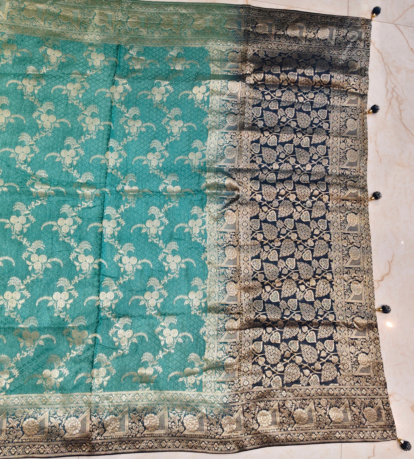 Blue & Sea Green Dola Silk Saree