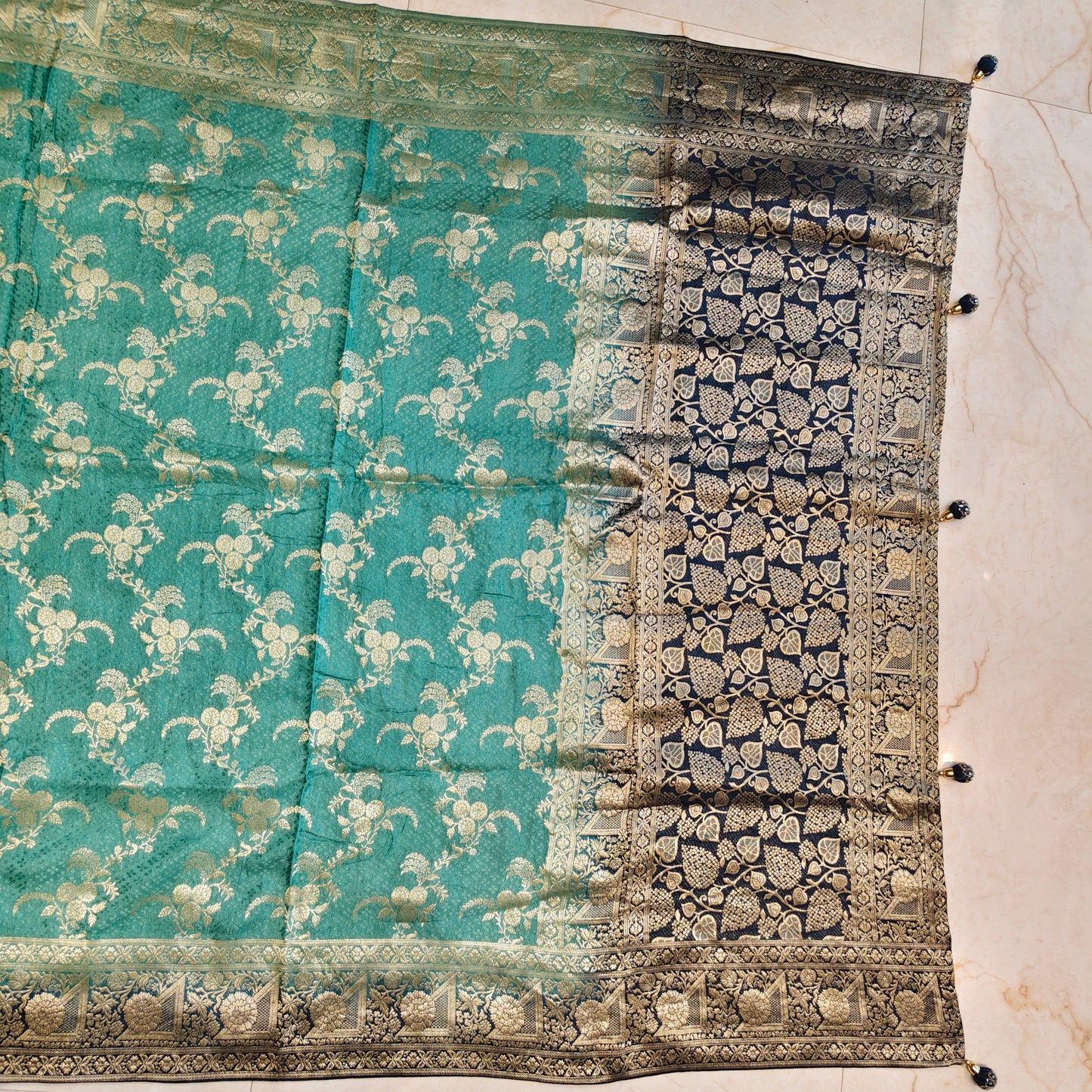 Blue & Sea Green Dola Silk Saree