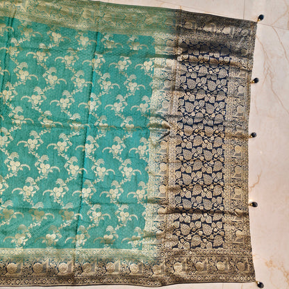 Blue & Sea Green Dola Silk Saree