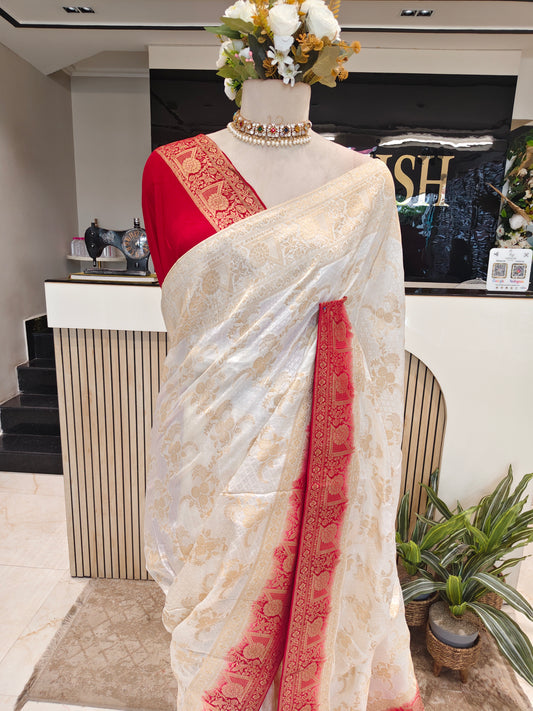 Off White & Red Dola Silk Saree